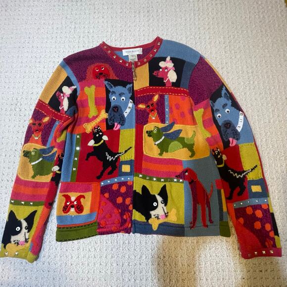 Fun Colorful Patchwork Colorblock Dog Susan Bristol Cotton Appliqué Sweater S - Picture 1 of 9